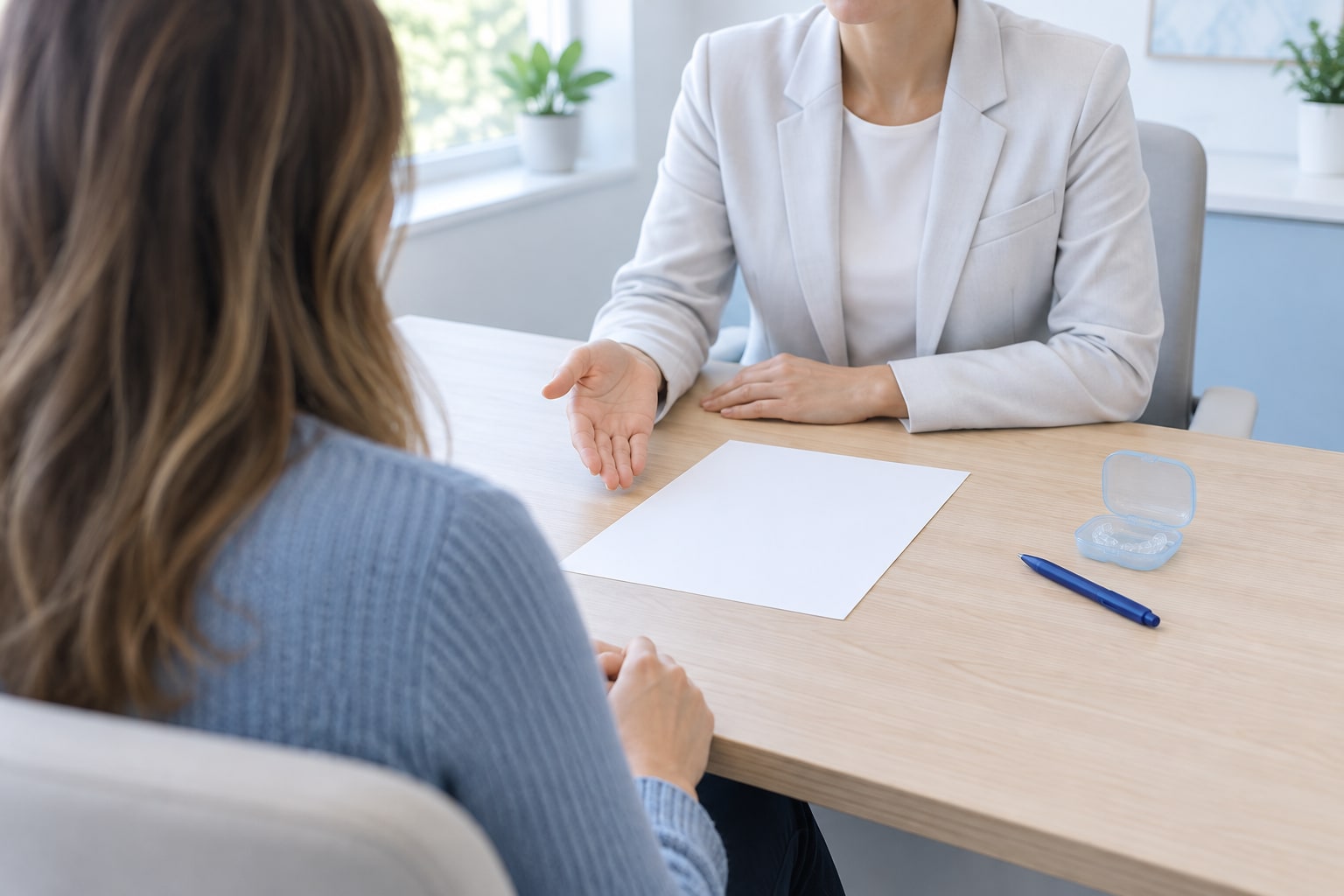 A consultation at a desk, going through a treatment plan together