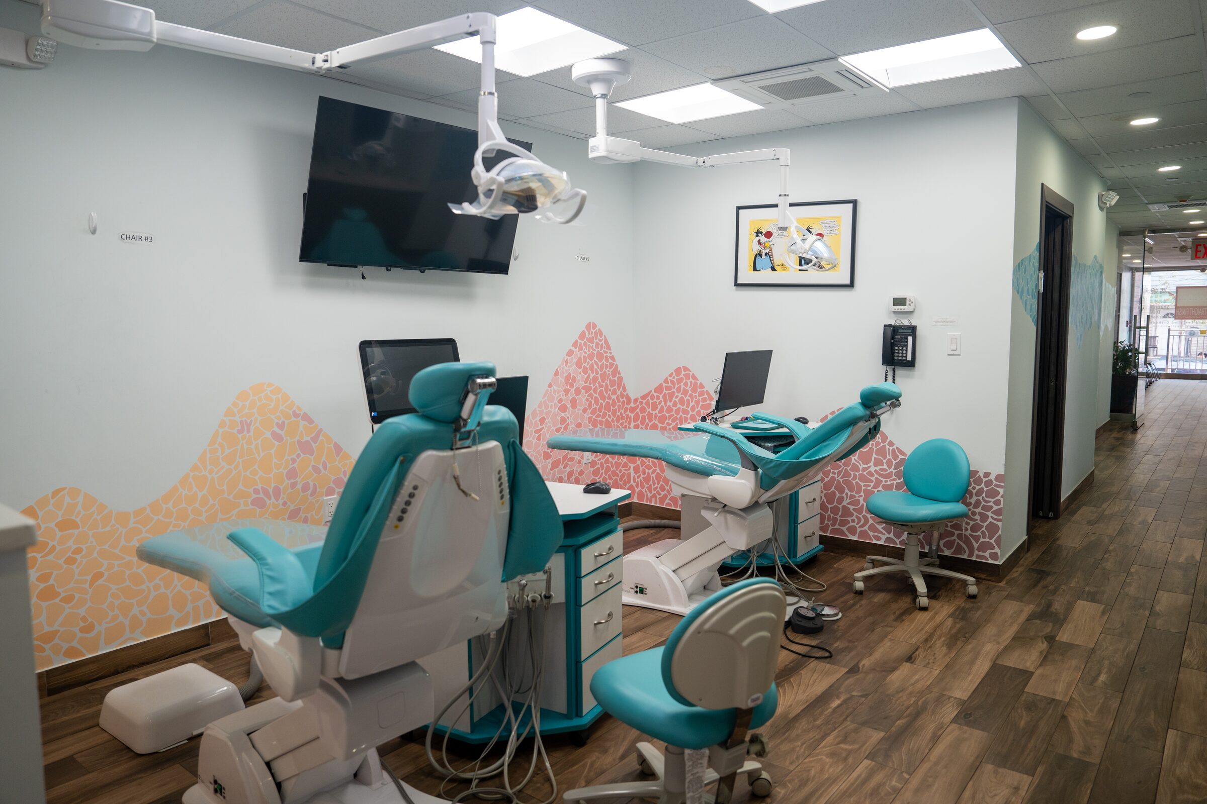 Treatment chairs in front of the mountain mural, looking towards the corridor