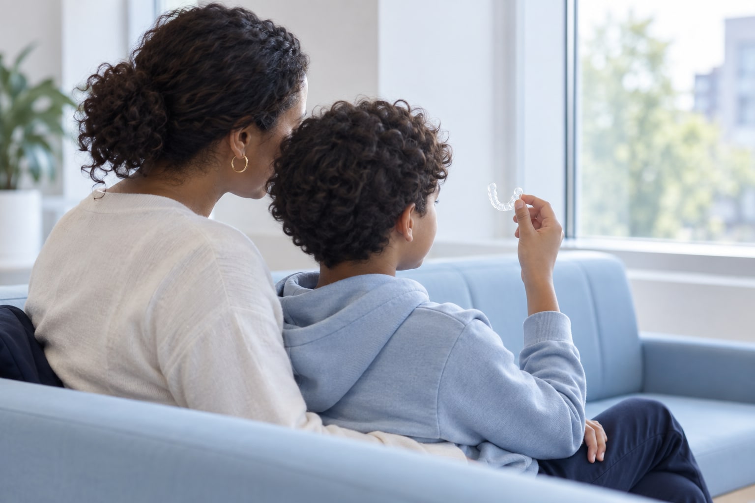 A parent and child looking at a clear aligner together in a bright waiting room