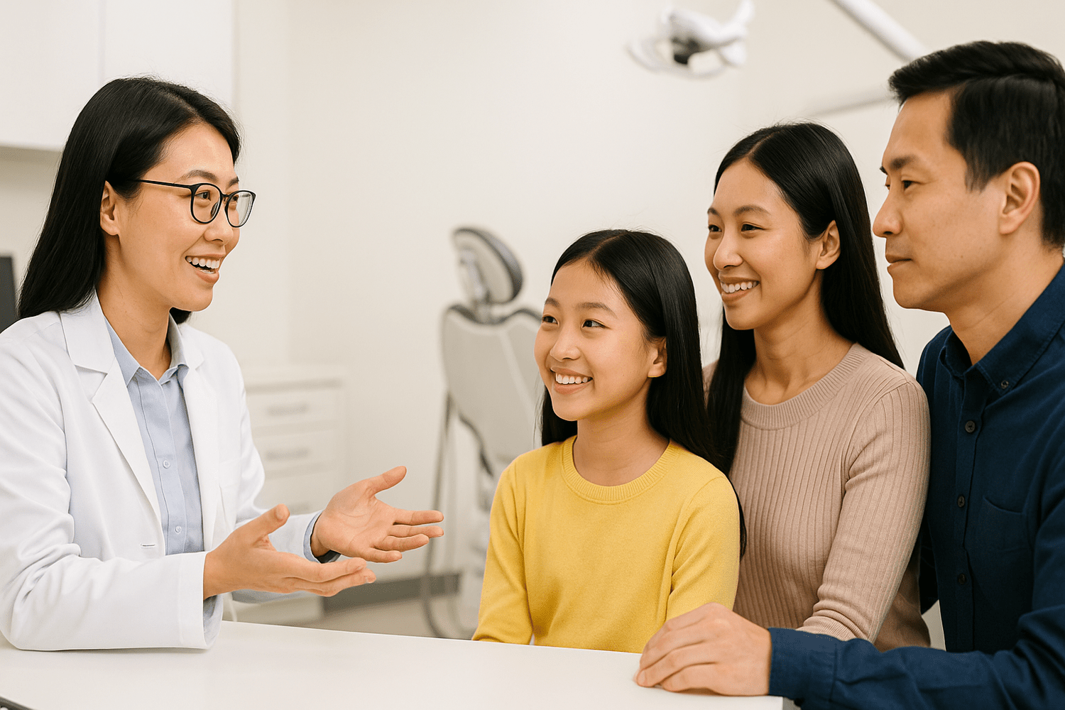 Parents and their teenage daughter talking with an orthodontist
