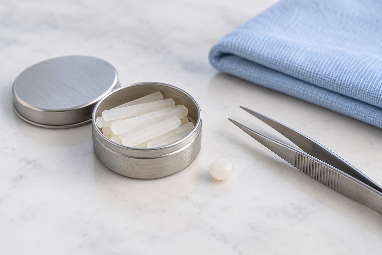 A tin of orthodontic wax with a piece rolled and ready