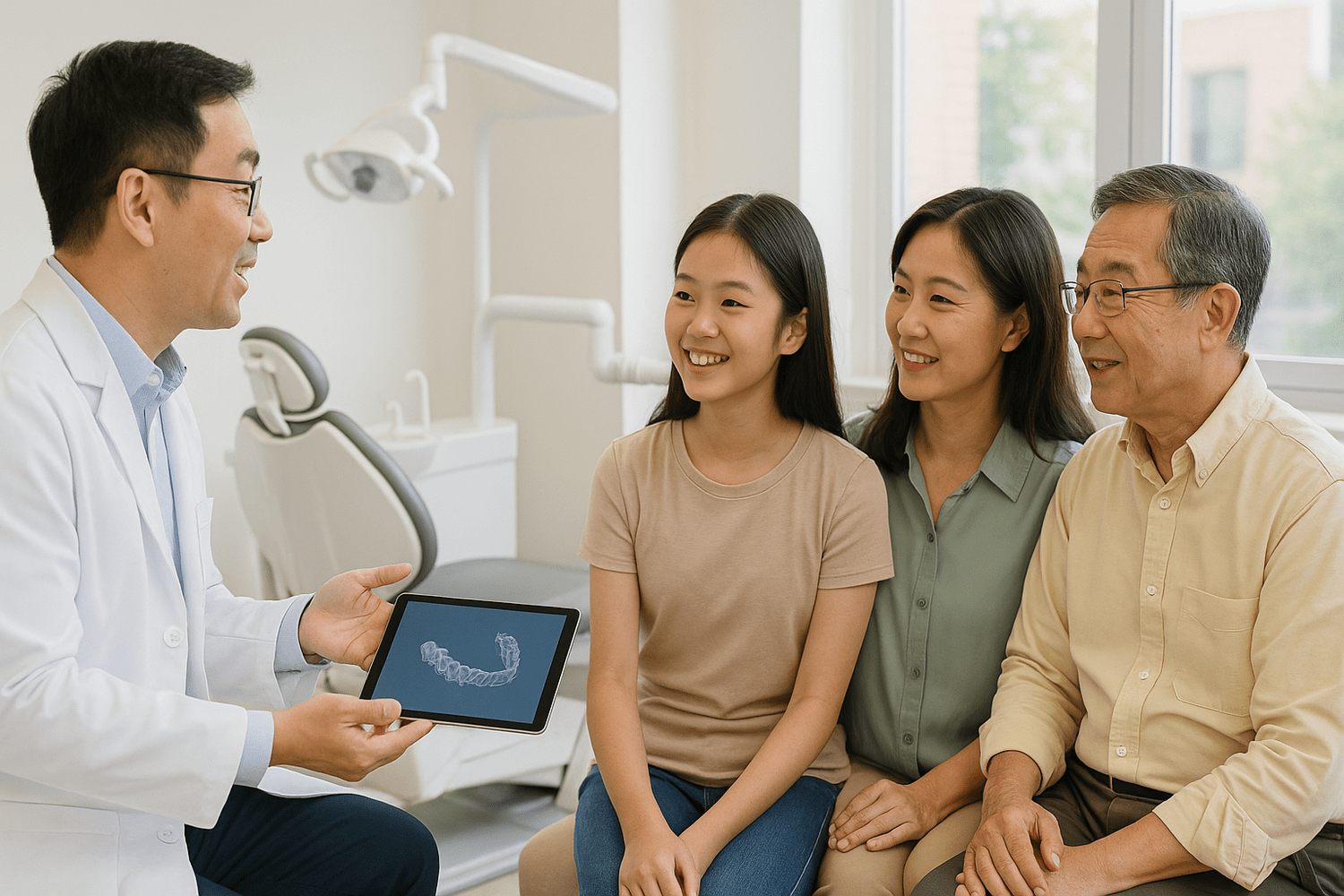 A teenager and her parents talking with an orthodontist