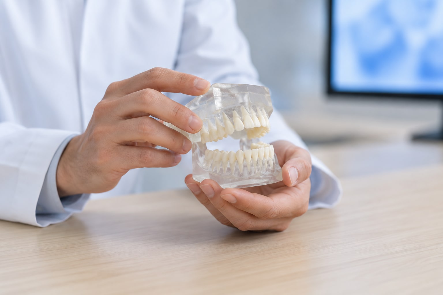 An orthodontist holding a clear jaw model while explaining a bite