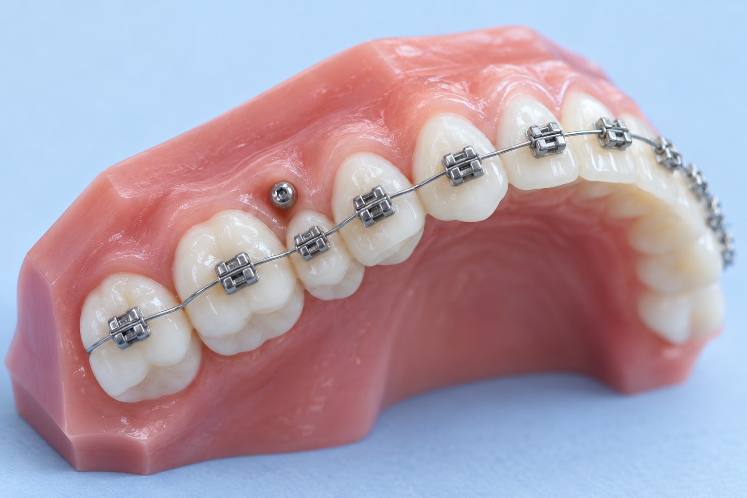 A typodont model showing a small titanium anchorage screw beside the back teeth
