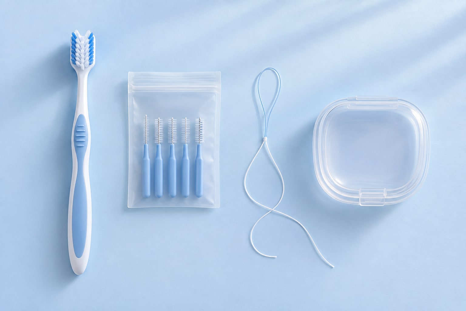 An orthodontic toothbrush, interdental brushes, a floss threader and a retainer case laid out on a counter