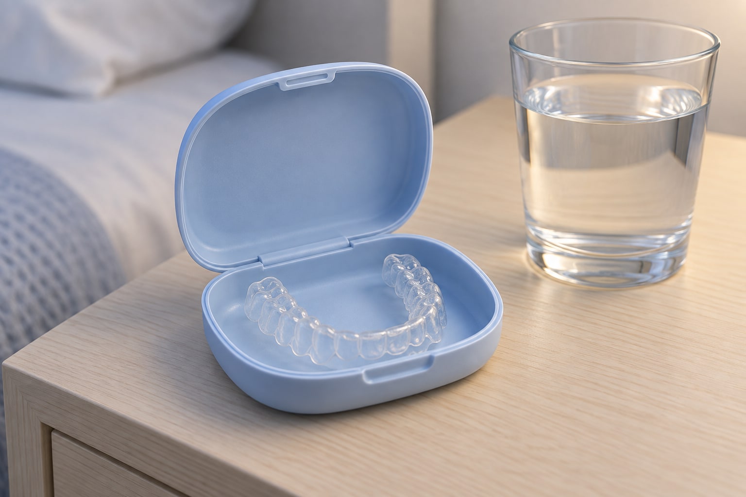 A clear retainer in its open case on a nightstand